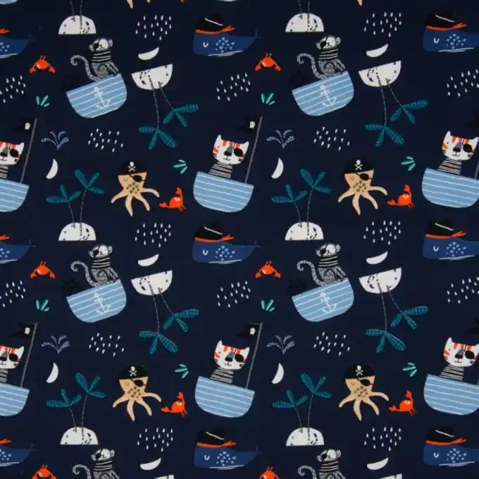 Knallerangebot Jersey-Stoff Piraten-Tiere Dunkelblau, 150cm Breite