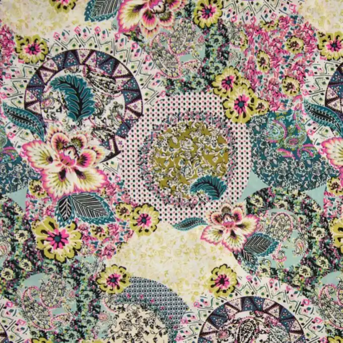 Baumwollsatin Blumen & Federn Petrolblau Rosa Premium