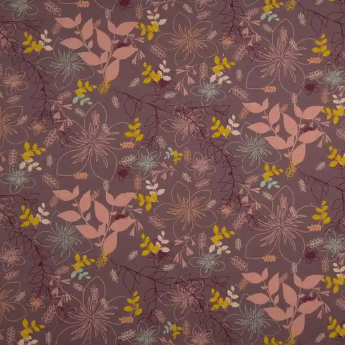 Jetzt Bestellen Bio French Terry fabric printed with mauve and orange flower outline on a white background“ in de_DE with lexicon of „product title for ecommerce“: „Bio French Terry Stoff mit lila und orangefarbenen Blumenkonturen auf weißem Hintergrund bedruckt“.