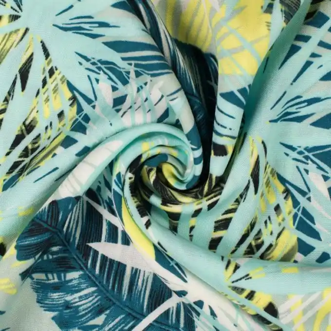 Neue Ware Popeline Viskose Pflanzenprint Blau/Grün/Gelb