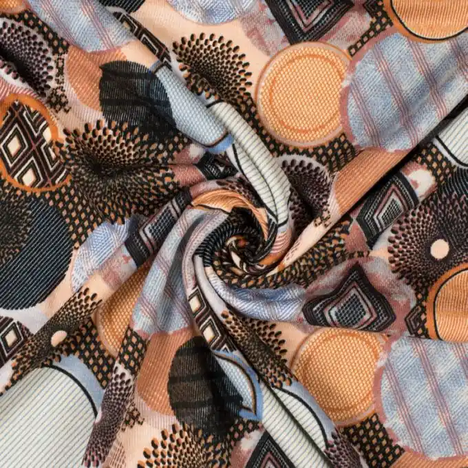 Neuheit Jersey Viskose Rauten Blau/Orange/Ecru