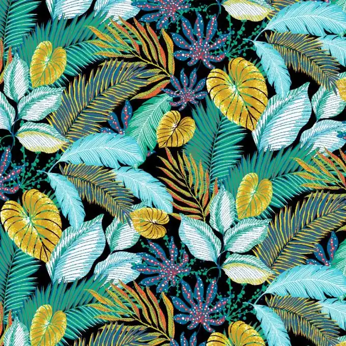 Popeline Viskose Blätter Bunt Schwarz Highlight