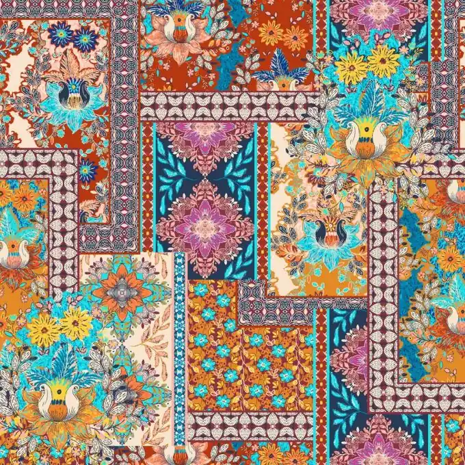 Sofort Bestellen Popeline Viskose Batik Rot/Blau/Gelb