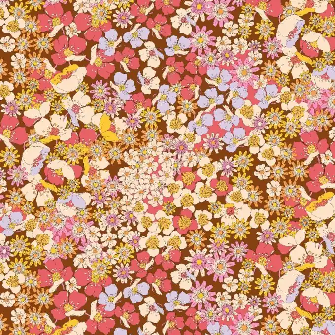 Popeline Viskose Vintage Blumen Terrakotta/Gelb Großhandel