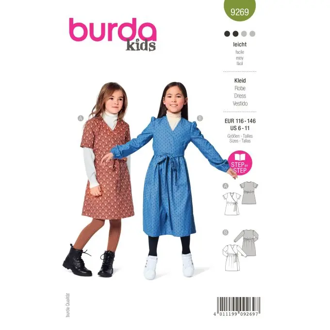 Burda Kinder Wickelkleid – Mittlere Schwierigkeit, Größen 116-146cm Markenprodukt