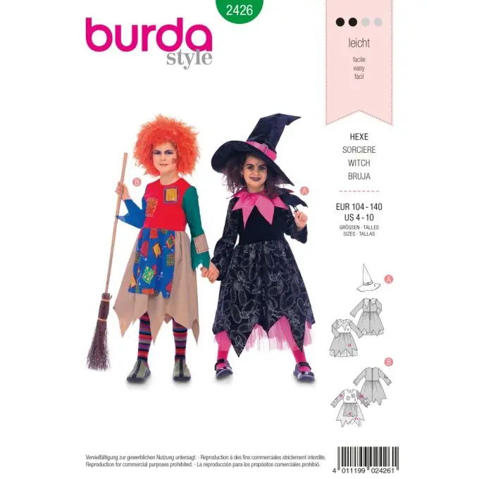 Letzte Chance Burda 2426 Kinder Hexenkostüm Schnittmuster