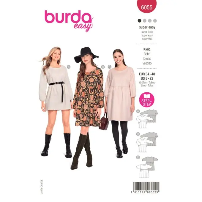 Heißes Angebot Schnittmuster Burda 6055 – Kleid mit gerafftem Rock.