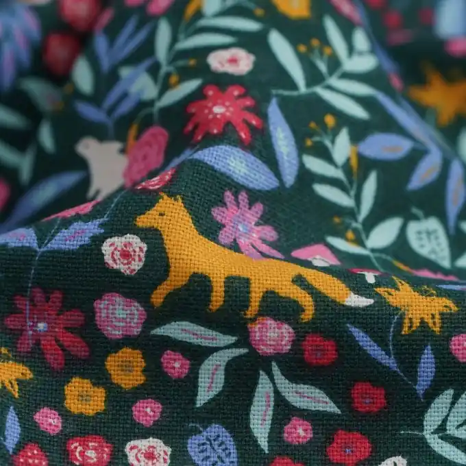 Abverkauf Dicker Baumwollstoff Blumenwald Füchse grün