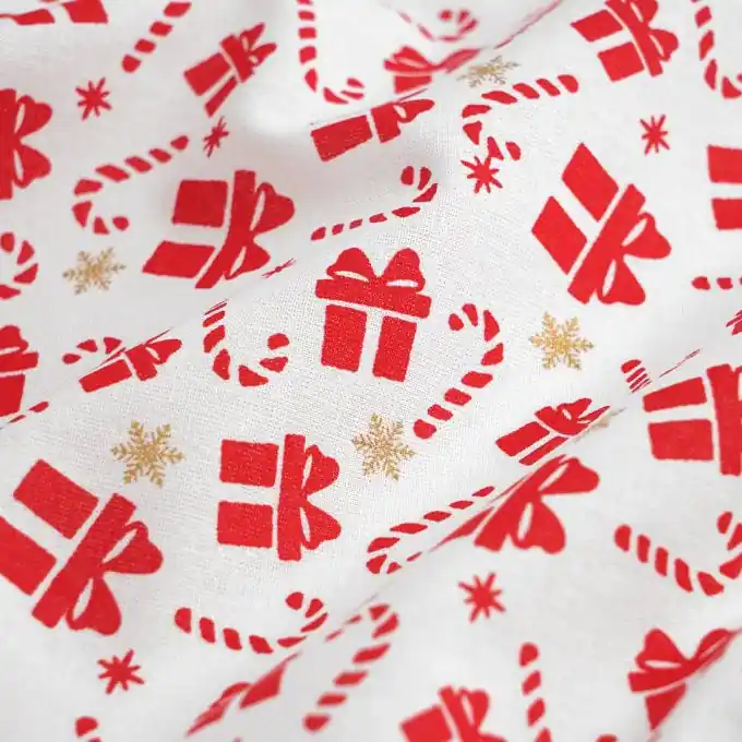 Direktkauf Cretonne Weihnachtsstoff Geschenke und Zuckerstangen weiß