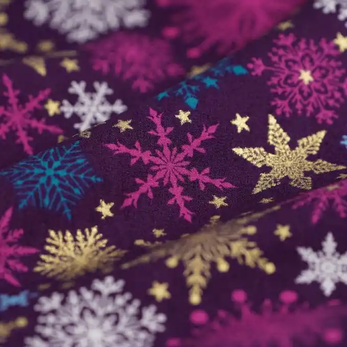 Weltweiter Versand Weihnachtsstoff Schneeflocken gold violett
