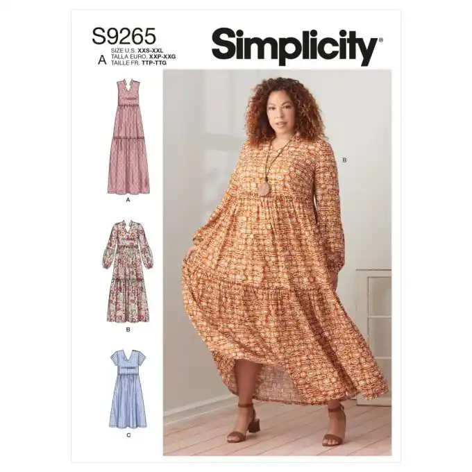Simplicity Rüschenkleid mit Ärmel- und Längenvariationen, Größe 38-48 Zertifiziert