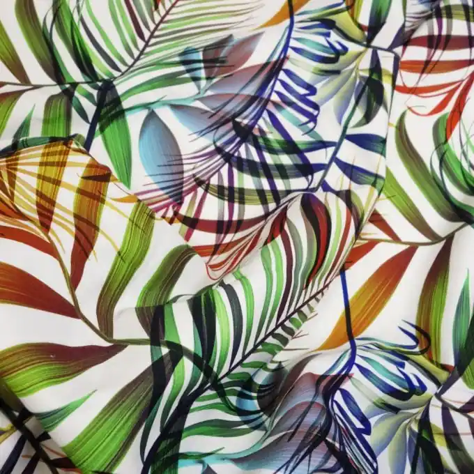 Baumwollsatin Weiß Palmen Bunt Preis Gesenkt
