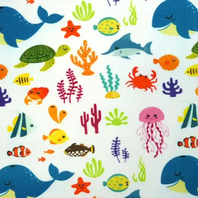 Geprüft Dekostoff Baumwolle Meereswelt Bunt/Weiß