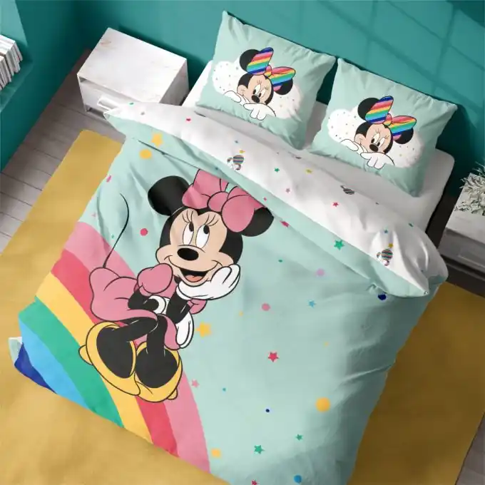 Kinder-Bettwäsche Minnie Regenbogen 140×200 cm – Disney Gratis Versand