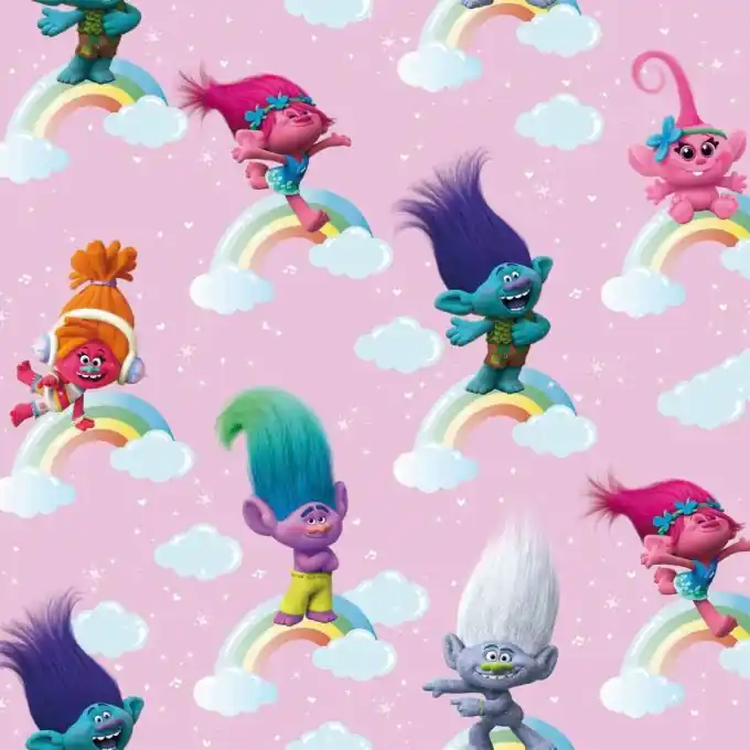 Echt Baumwollstoff Trolls Regenbögen Rosa