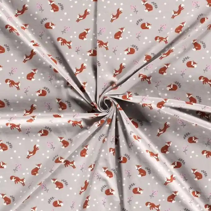 Hochwertig Baumwolljersey-Stoff mit grauem floralen Fuchsmotiv