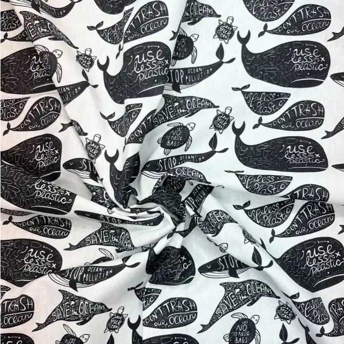 Cretonne-Stoff Wale Save Ocean schwarz weiß Neuheit