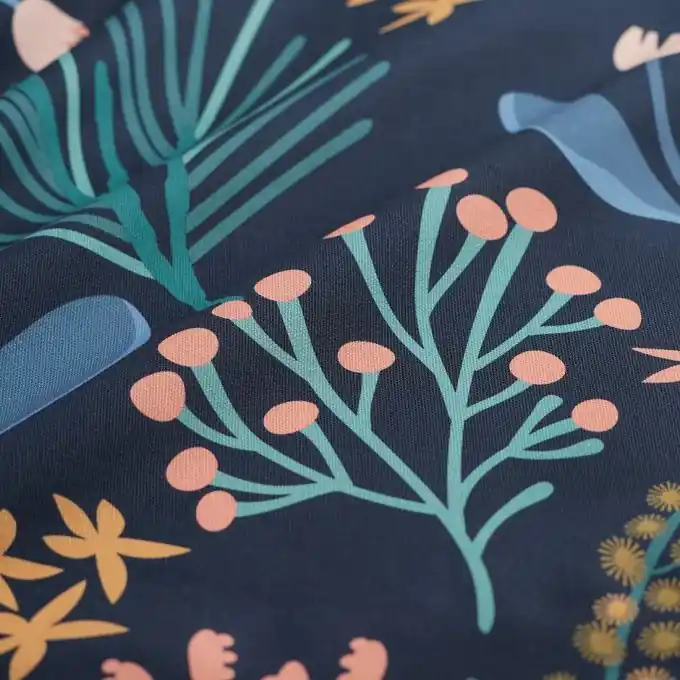 Dekostoff Halbpanama gemalte Blumen entenblau Kostenfreie Lieferung