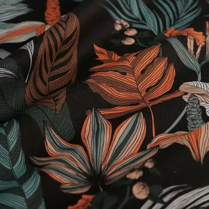 Begrenztes Angebot Dekostoff Halbpanama bunte Blätter marineblau