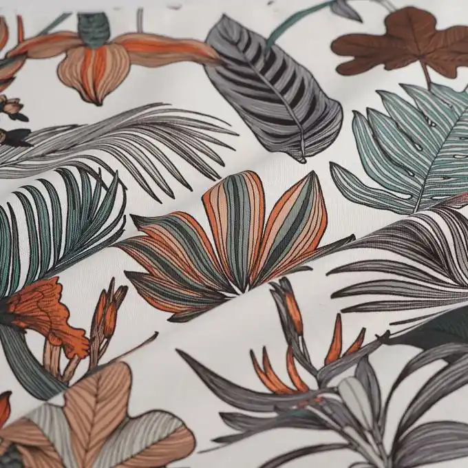 Dekostoff Halbpanama bunte Blätter weiß Handgefertigt