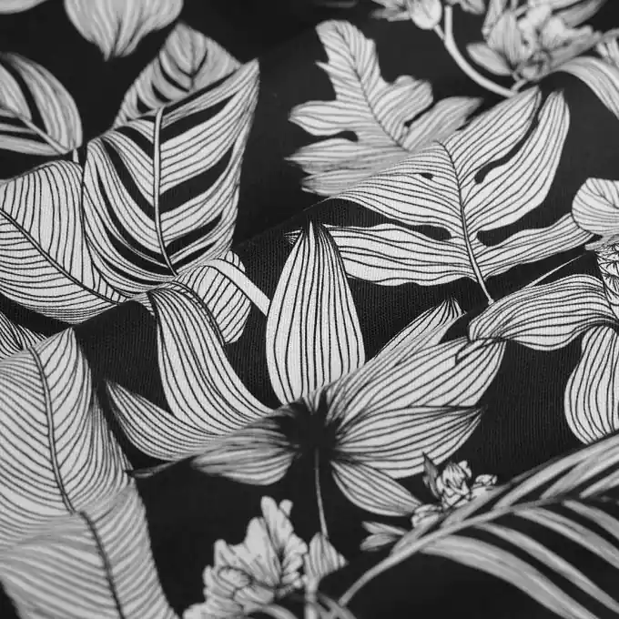 Dekostoff Halbpanama weiße Blätter schwarz Original
