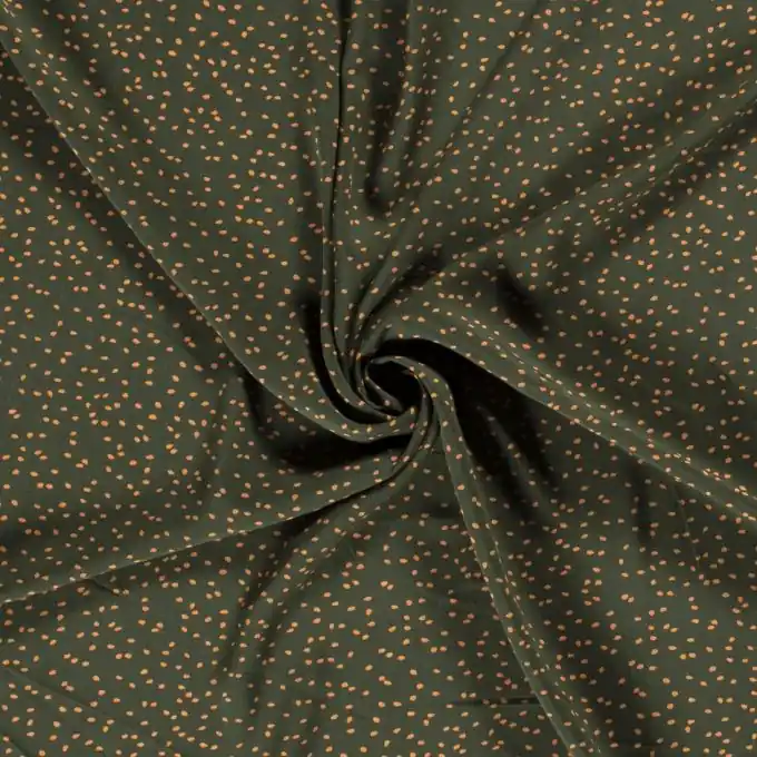 Original Stoff aus Viskose-Popeline mit unregelmäßigen Punkten in Ocker und Khakigrün