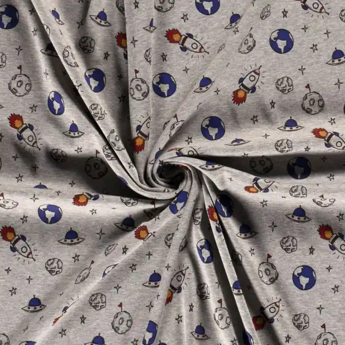 Markenprodukt Sweatshirtstoff Alpfleece Planeten grau meliert