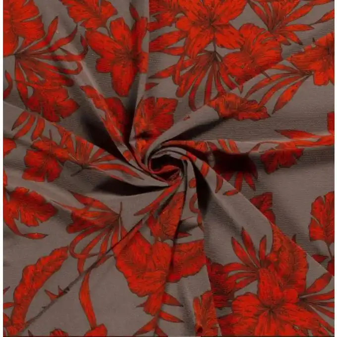 Kreppstoff Polyester tropische Blumen Braun/Rot Exklusiv