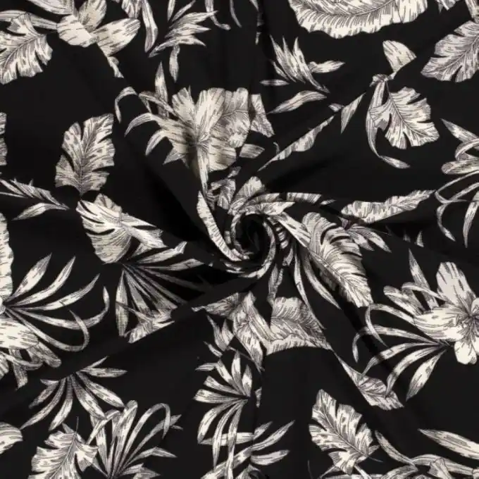 Kreppstoff Polyester tropische Blumen Schwarz Meistverkauft