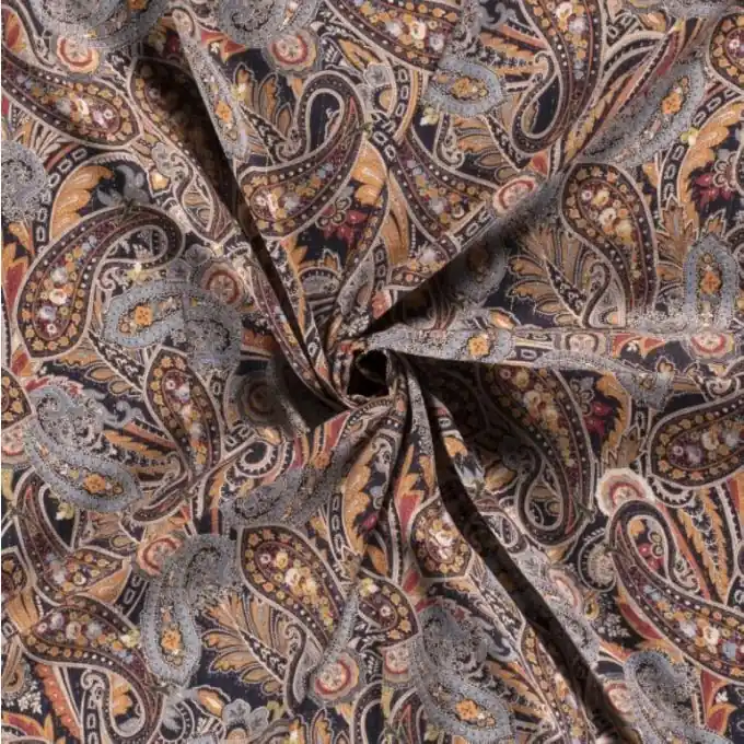 Kreppstoff Viskose Paisley Lurex Marineblau/Gelb Top-Seller