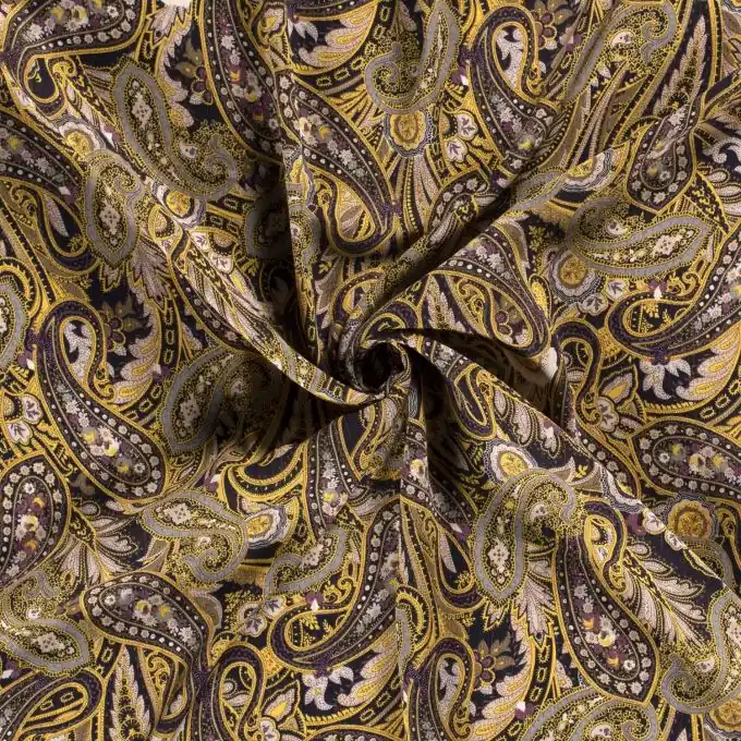 Kreppstoff Viskose Paisley Lurex lila/gelb Beliebt