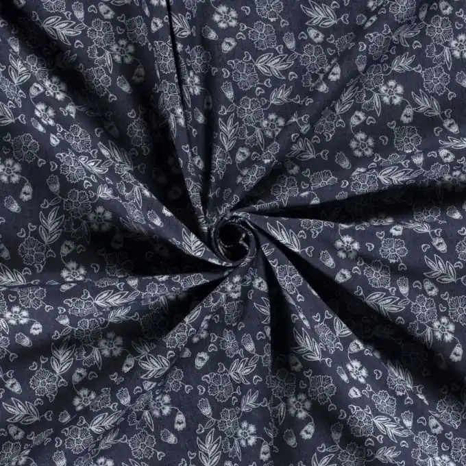 Dehnbarer Jeansstoff Blumenfeld dunkelblau Neuheit