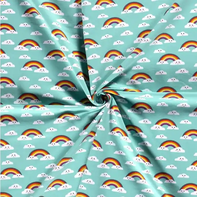 Direkt Vom Hersteller Baumwolljersey Regenbogen und Wolken mintgrün