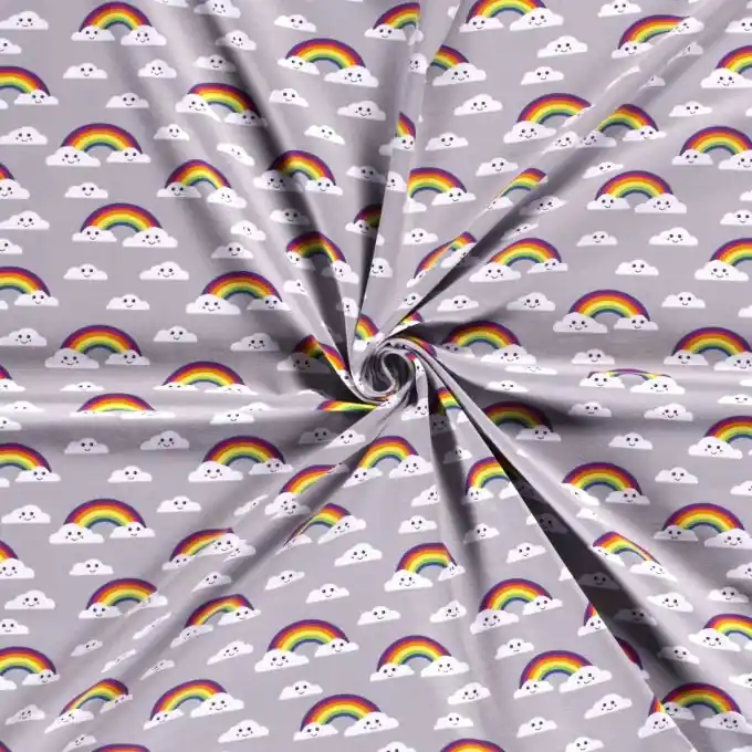 Expressversand Baumwolljersey Regenbogen und Wolken hellgrau
