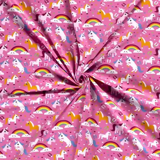 Highlight Baumwolljersey Regenbogen und Einhörner rosa