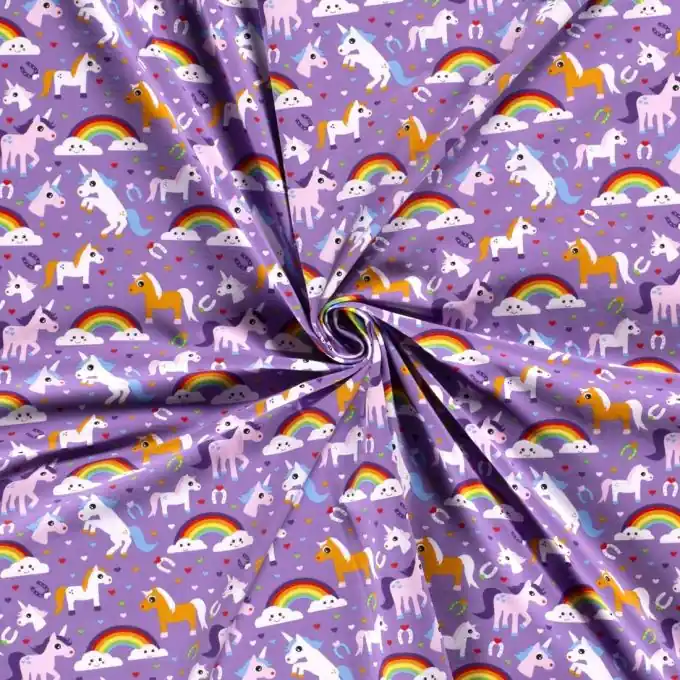 Baumwolljersey Regenbogen und Einhörner lila Heißes Angebot