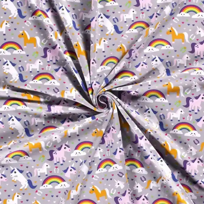 Günstig Baumwolljersey Regenbogen und Einhörner hellgrau