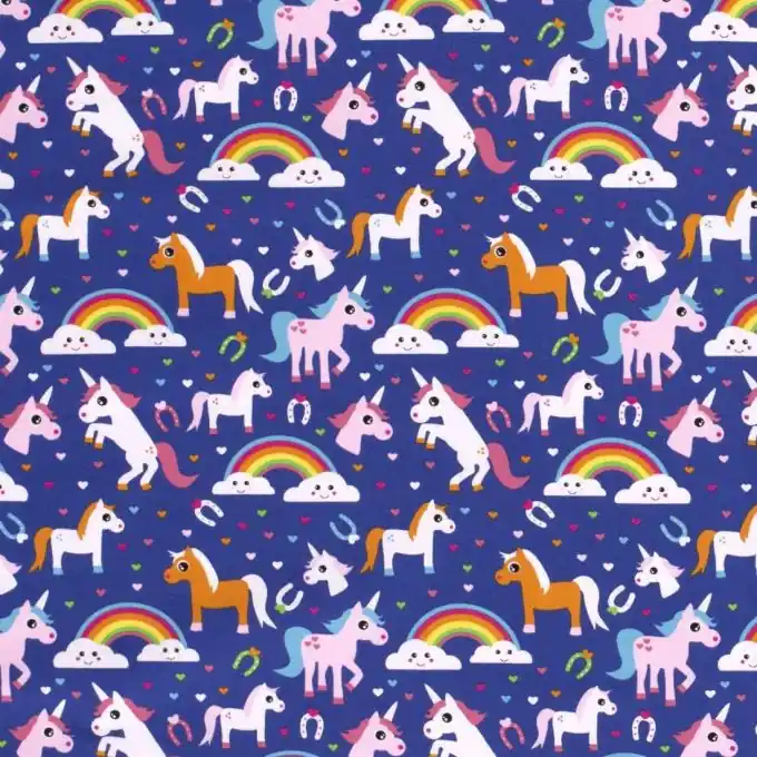 Heute Kaufen Baumwolljersey Regenbogen und Einhörner kobaltblau