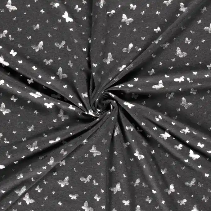 Jetzt Zugreifen Baumwolljersey Schmetterlinge silber dunkelgrau