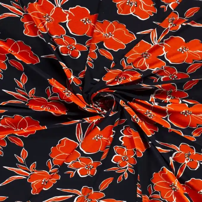 Top-Angebot Viskosejersey Blumen orange/schwarz