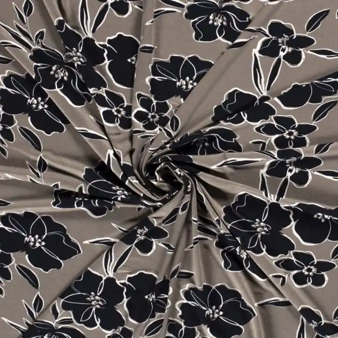 Heißes Angebot Viskosejersey Blumen schwarz taupe