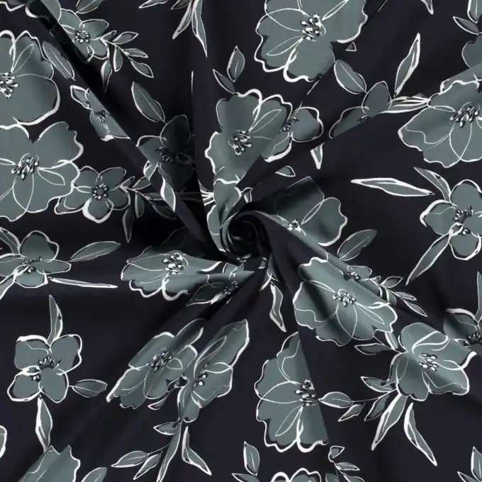 Twill-Viskose gemalte Blumen petrolblau Knallerangebot