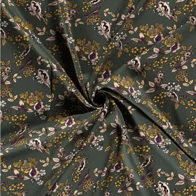 Premium Twill-Viskose frühlingshafte Vögel grün