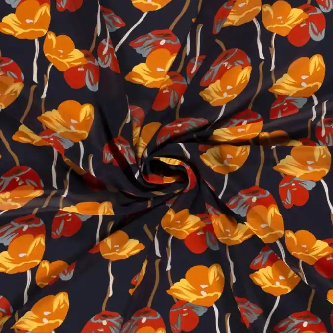 Voile Polyester Mohnblumen orange marineblau Handgefertigt