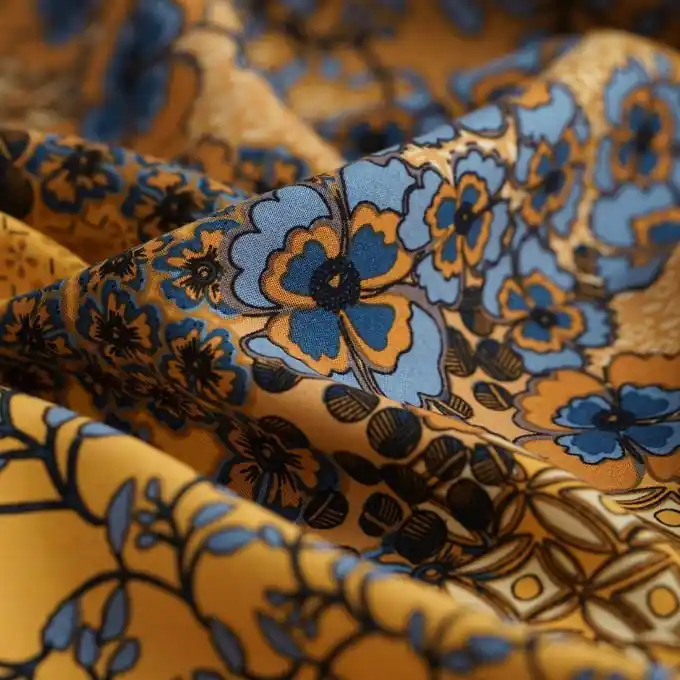 Top-Qualität Viskose-Popeline asiatische Blumen senfgelb