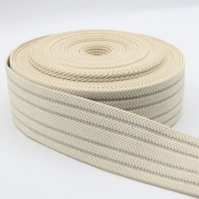 Original Gummiband Fischkrätenmuster Beige Lurex Silbern 50 mm
