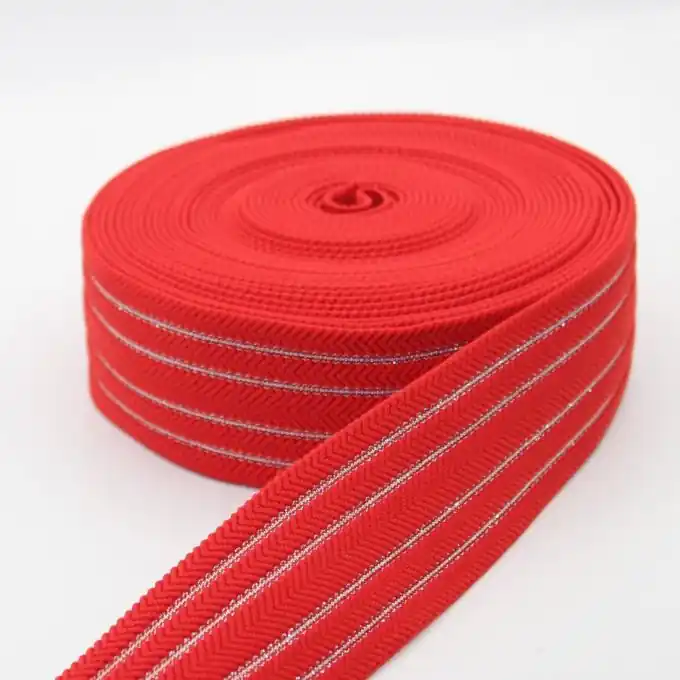 Original Gummiband Fischkrätenmuster Rot Lurex Silbern 50 mm