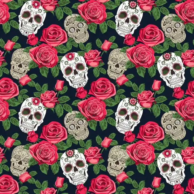 Original Cretonne Skulls Blumen Schwarz