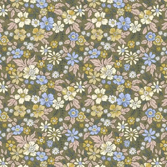 Baumwollstoff Blumen Bunt Khaki Preiswert