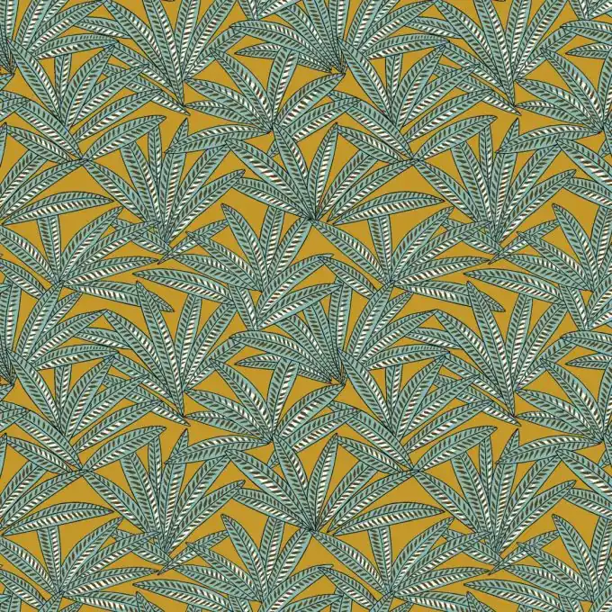 Beschichteter Baumwollstoff Safrangelb Palmen Türkis Super-Preis